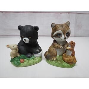 Vintage Homco Forest Friends Porcelain Figurines Black Bear & Raccoon #1418
